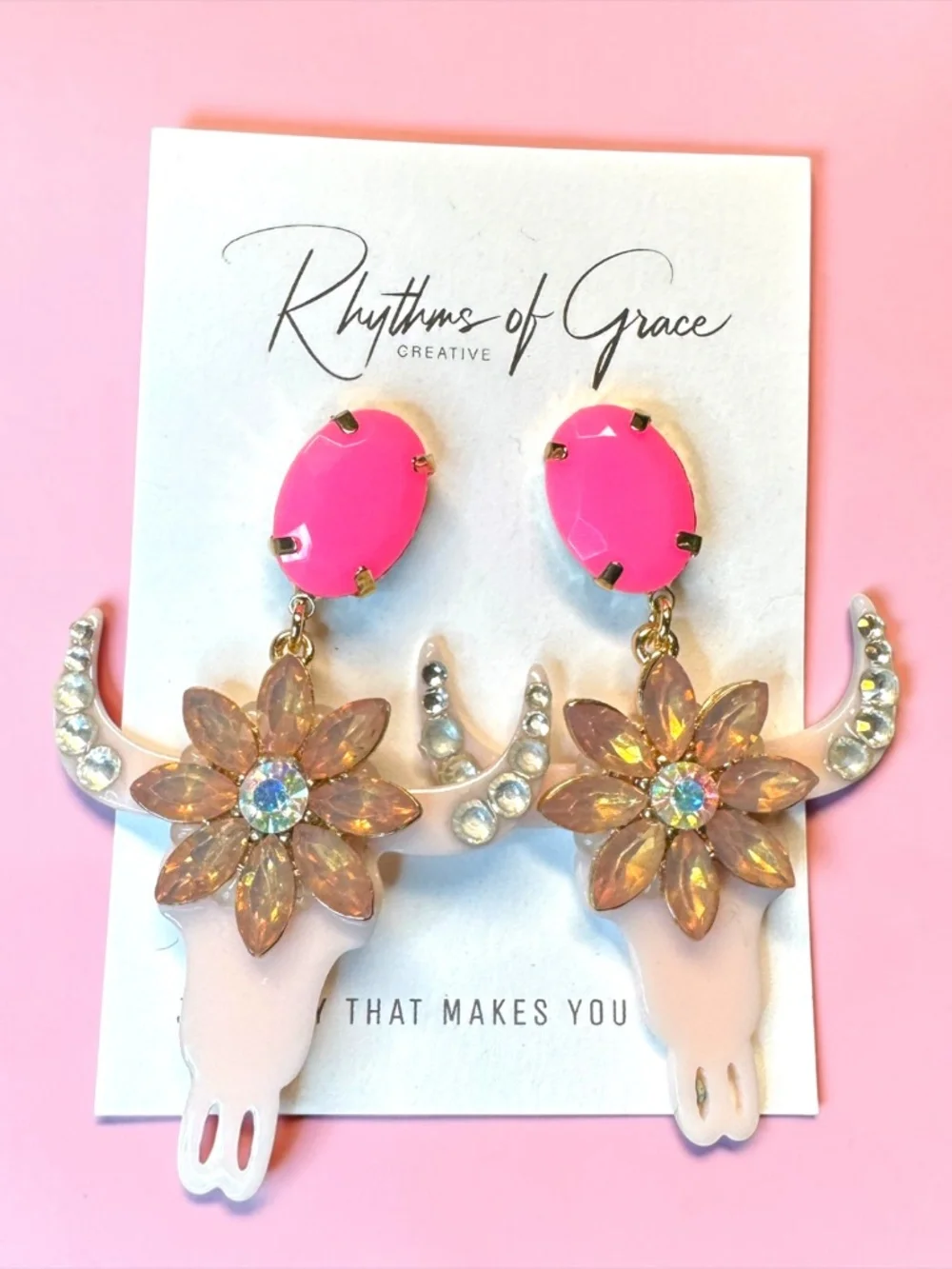 Western Cow Skull Rhinestone Floral Statement Earrings Pink NWT